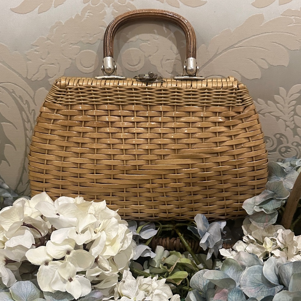 Vintage 1960’s wicker/rattan woven handbag, British Hong Kong